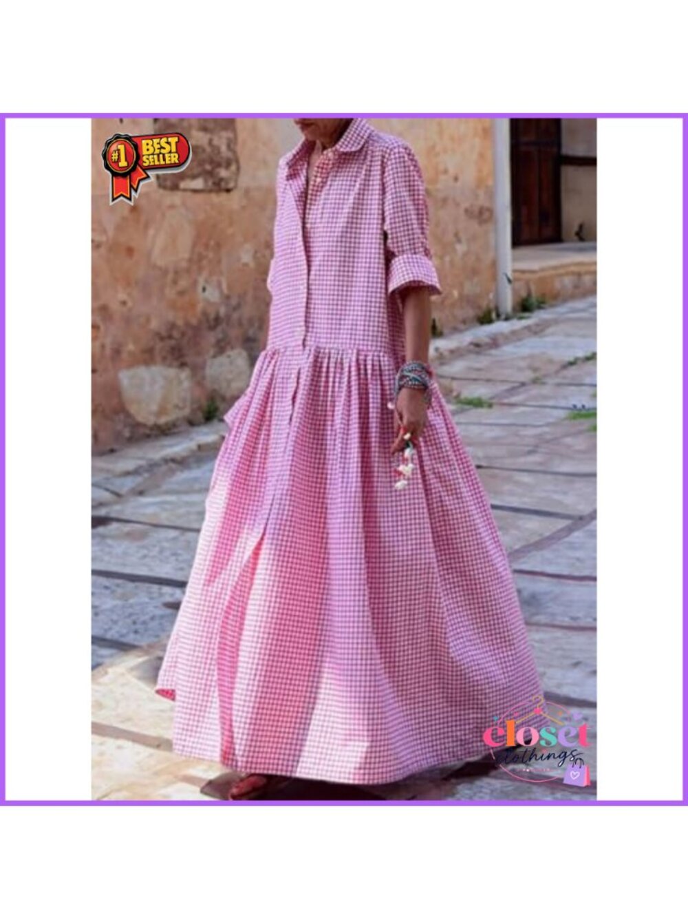 Plaid Button Down Maxi Shirt Dress Long Sleeve A-Line Swing Gingham - Picture 3 of 4